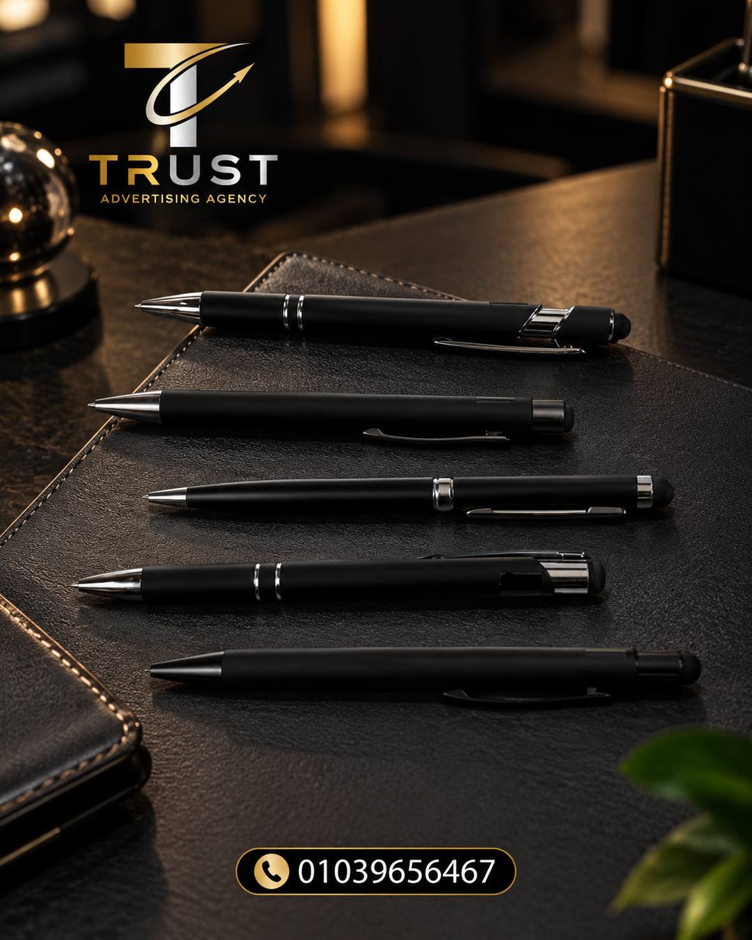 TRUST_five_black_pens_compressed قلم هدايا للشركات | قلم دعائي مخصص بطباعة اللوجو - الصورة 1