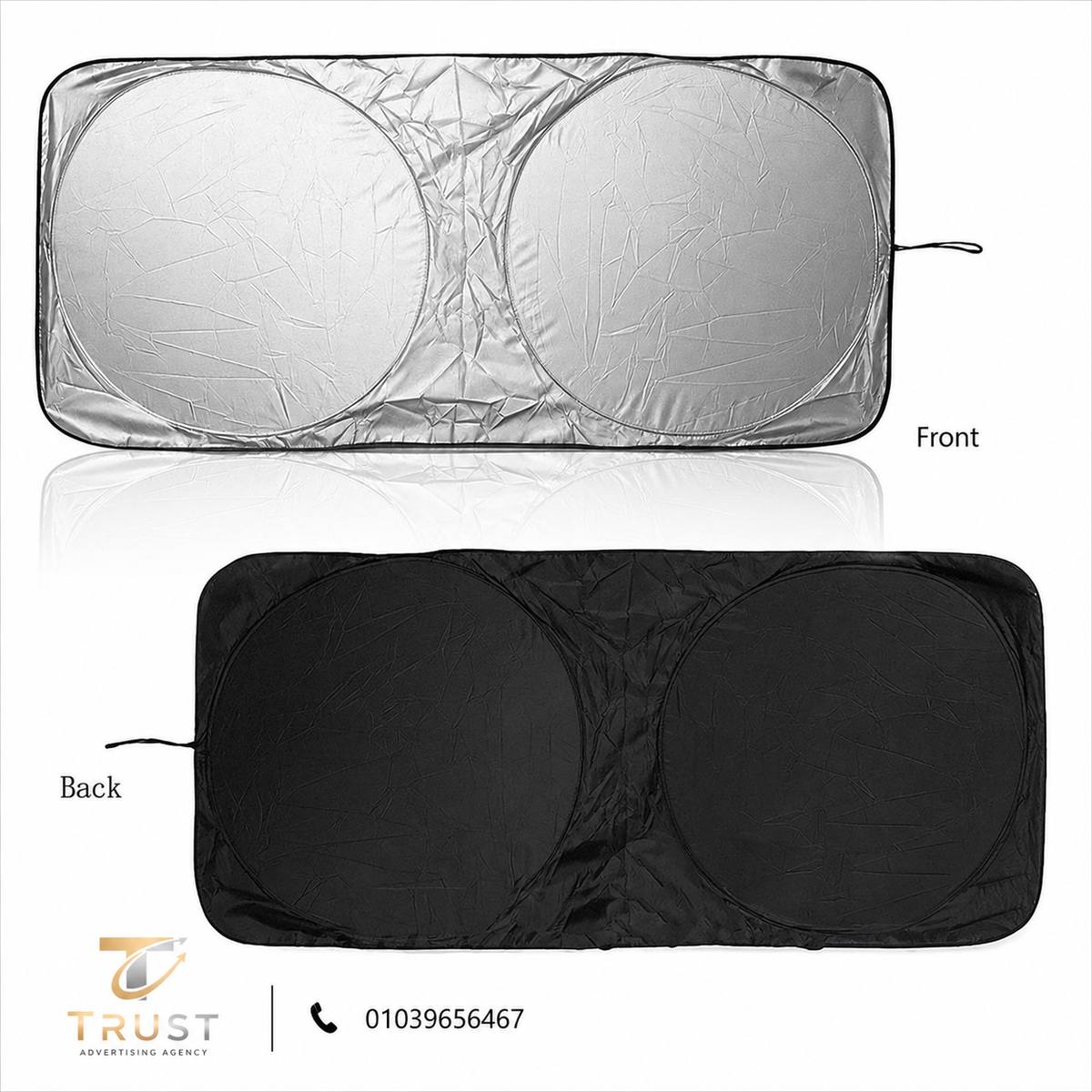 TRUST_sunshade_front_back_compressed شماسة سيارة دعائية قابلة للطي بطباعة الشعار - الصورة 1
