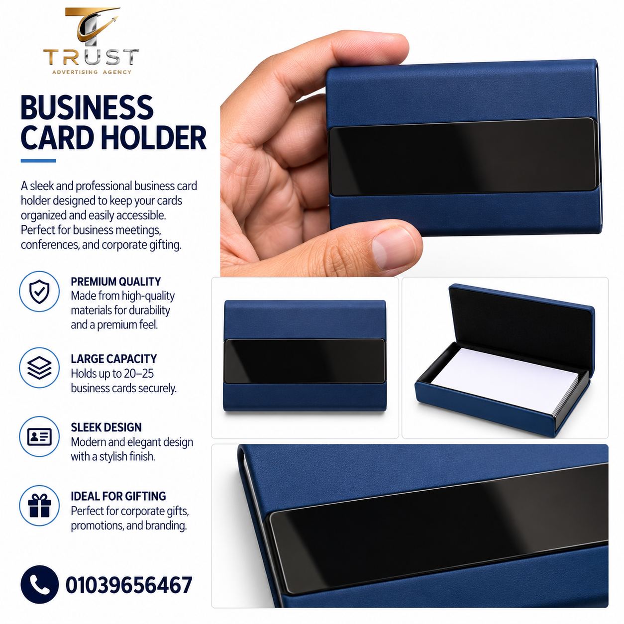 trust_blue_card_holder_compressed-1 حافظة بطاقات أعمال للشركات | Business Card Holder دعائي باللوجو - الصورة 1